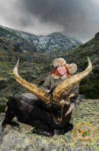 An Ibex hunting picture of a hunter kneeling beside an ibex she recently harvested.